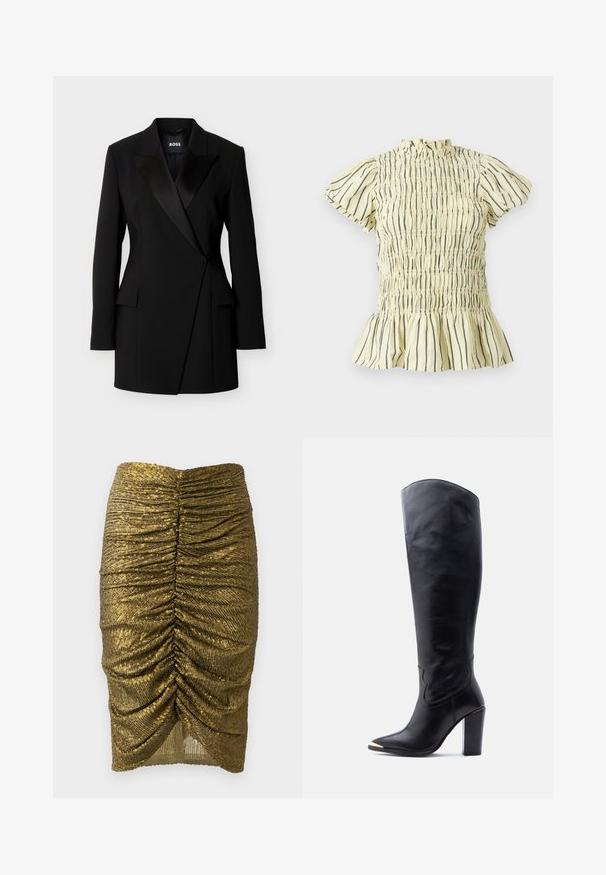 Sort skræddersyet blazer-kjole med satin revers, lange ærmer, frontlommer med klap og lukning med enkelt knap, vist på en ensfarvet baggrund.; Kortærmet cremefarvet bluse med sorte lodrette striber, rynket krop, flæset høj krave og udvidet kant.; Gul pailletteret blyantskirt med rynket detaljer foran og bagpå, med en tekstureret overflade og en kant der bliver smallere mod bunden.; Sort læder knæhøj støvle med spids tå, guldfarvet metalspids og blokhøj hæl på hvid baggrund.