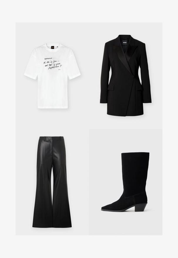 Robe blazer noire sur mesure avec revers en satin, manches longues, poches à rabat à l'avant, et fermeture à bouton unique, présentée sur un fond uni.; T-shirt blanc à manches courtes avec un texte manuscrit noir affichant "Reminder... No one is you and that is your superpower" et un petit dessin de cœur.; Pantalon large en cuir synthétique noir avec une texture lisse, doté d'une taille ajustée et de plis avant pour un look structuré.; Bottine en daim noir avec un bout pointu, tige de hauteur moyenne et un talon épais. Présente des coutures minimales et une texture lisse.