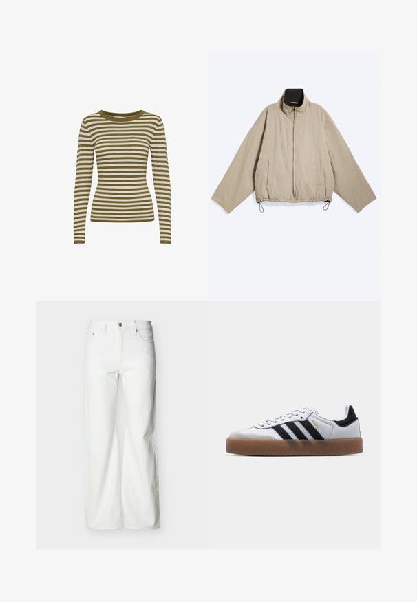 Chaqueta beige con cremallera, mangas largas y anchas, dos bolsillos laterales, cuello alto con forro interior negro y cordones ajustables en el dobladillo.; Suéter de manga larga a rayas en verde oliva y crema. Presenta un cuello redondo y una textura acanalada. Diseño ajustado.; Vaqueros blancos de talle alto y pierna recta con botón frontal, cierre de cremallera y bolsillos laterales y traseros, sobre un fondo liso y claro.; Zapatillas de cuero blancas con rayas negras, suela de goma, puntera redonda, cierre de cordones y caperuza de ante gris suave.