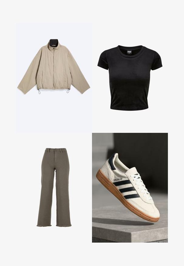 Beige jas met rits, lange brede mouwen, twee zijzakken, hoge kraag met zwarte voering en verstelbare trekkoorden aan de zoom.; Zwart kortemouwen crop top gemaakt van zacht, viltachtig materiaal. Heeft een klassieke ronde halslijn en een eenvoudig ontwerp zonder patronen of accenten.; Wijde broek met hoge taille in olijfgroen, met knoop- en ritssluiting, riemlussen en gefraaide zoom.; Witte suède sneakers met marineblauwe strepen, rubberen gumzool, gestructureerde bovenkant, ronde neus en veters; heeft branding aan de zijkant en op de tong.