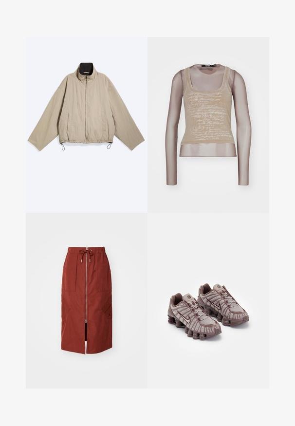 Beige Reißverschlussjacke mit langen weiten Ärmeln, zwei Seitentaschen, hohem Kragen mit schwarzem Innenfutter und verstellbaren Kordeln am Saum.; Beige ärmelloses Top kombiniert mit langen Mesh-Ärmeln; verfügt über einen weißen Schriftzug auf der Vorderseite, einen runden Ausschnitt und eine taillierte Silhouette.; Midikleid in terrakottarot, mit einem Frontreißverschluss, elastischem Bund mit Kordelzug und seitlichen Taschen mit geometrischem Design.; Nike Sportswear SHOX TL - Sneaker low - pumice/night maroon/plum eclipse