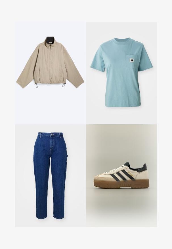 Beige jakke med lynlås, lange brede ærmer, to sidelommer, høj krave med sort indvendig foring og justerbare snore forneden.; Lyseblå kortærmet bomulds T-shirt med brystlomme og et lille sort-hvidt Carhartt logo patch.; Mørkeblå denim jeans med høj talje, lige ben, frontknaplukning og sidelommer. Glat tekstur med en let stræk.; Hvid Adidas sneaker med sorte striber, beige ruskindstå, brun sål og "SPEZIAL" i guldskrift på siden.