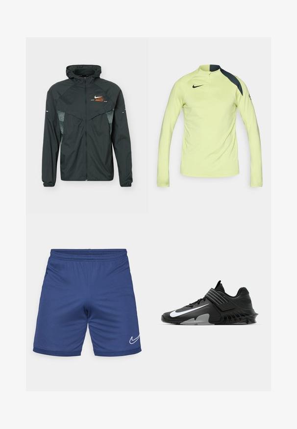 Sort letvægts hættejakke med fuld lynlås foran, reflekterende mønstrede sidepaneler og lille orange og hvid Nike-logo på brystet.; Langærmet atletisk skjorte i lys gul med halv-zip hals, sorte skulderdetaljer og et glat, letvægtsstof. Nike-logoet er præsenteret.; Blå atletiske shorts lavet af letvægtsmateriale. Har en elastisk talje og et hvidt Nike swoosh-logo på den nedre side.; Sorte sportsko med et strømlinet design, der har et fremtrædende hvidt Nike-logo, teksturerede overflader og en karakteristisk støbt sål.