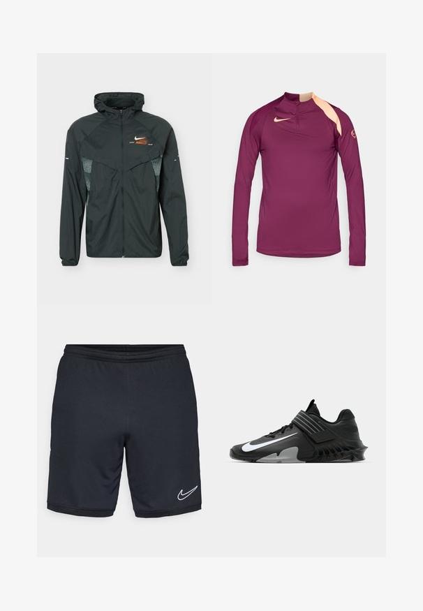 Veste légère noire à capuche avec fermeture éclair complète sur le devant, panneaux latéraux réfléchissants à motifs et petit logo Nike orange et blanc sur la poitrine.; T-shirt de sport à manches longues en violet foncé avec un col haut, mettant en valeur une accentuation pêche sur l'épaule et un petit logo sur la manche.; Shorts de sport noirs en tissu léger et lisse, avec une taille élastique et un accent logo Nike blanc près de l'ourlet.; Baskets de sport noires au design épuré, avec un logo Nike blanc bien en vue, des surcouches texturées et une semelle moulée distincte.