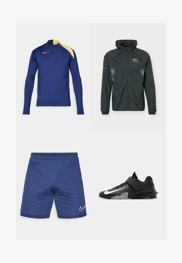 Zwarte lichtgewicht jas met capuchon, volledige voorrits, reflecterende patroon zijpanelen en klein oranje-wit Nike-logo op de borst.; Marineblauw sportshirt met lange mouwen, een gele schouderaccent, een half-rits kraag en een rood Nike swoosh logo op de borst.; Blauwe atletische shorts van lichtgewicht materiaal. Bevat een elastische tailleband en het witte Nike swoosh-logo aan de onderkant.; Zwarte sportchoenen met een slank ontwerp, voorzien van een opvallend wit Nike-logo, textuur overlays en een onderscheidende gemodelleerde zool.