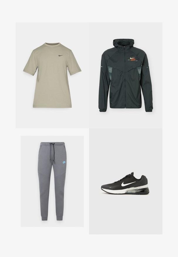 Sort letvægts hættejakke med fuld lynlås foran, reflekterende mønstrede sidepaneler og lille orange og hvid Nike-logo på brystet.; Lysegrå Nike T-shirt med korte ærmer, rund hals og lille sort Nike-swoosh-logo på venstre bryst.; Grå Nike joggingbukser med sort snor, elastisk talje, tilspidsede ben og lyseblåt Nike-logo på venstre lår.; Sort Nike Air Max 270 sneaker med hvid swoosh-logo, hvid mellemsål og synlig luftpude i hælen på en ensfarvet baggrund.
