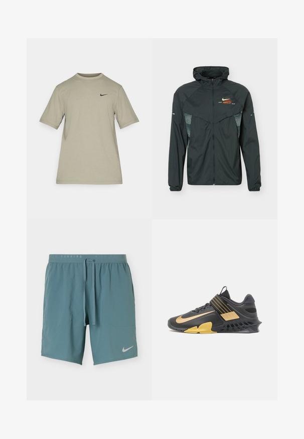 Sort letvægts hættejakke med fuld lynlås foran, reflekterende mønstrede sidepaneler og lille orange og hvid Nike-logo på brystet.; Lysegrå Nike T-shirt med korte ærmer, rund hals og lille sort Nike-swoosh-logo på venstre bryst.; Blågrønne atletikshorts med snøre i taljen, sidelommer og hvid Nike-swoosh-logo på venstre ben.; Sort sportsko med gyldne accenter, mesh- og syntetiske materialer, unik tekstureret sål, justerbar stropp over mellemfoden og polstret krave.