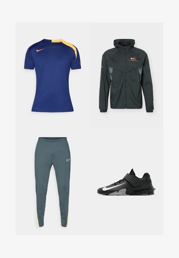 Sort letvægts hættejakke med fuld lynlås foran, reflekterende mønstrede sidepaneler og lille orange og hvid Nike-logo på brystet.; Mørkeblå sports T-shirt med korte ærmer, gult skulderpanel og rødt Nike-swoosh på brystet og ærmet.; Mørk teal sportsbukser med elastisk talje, tapered ben og klare gule detaljer på siderne. Har et hvidt logo på forsiden.; Sorte sportsko med et strømlinet design, der har et fremtrædende hvidt Nike-logo, teksturerede overflader og en karakteristisk støbt sål.