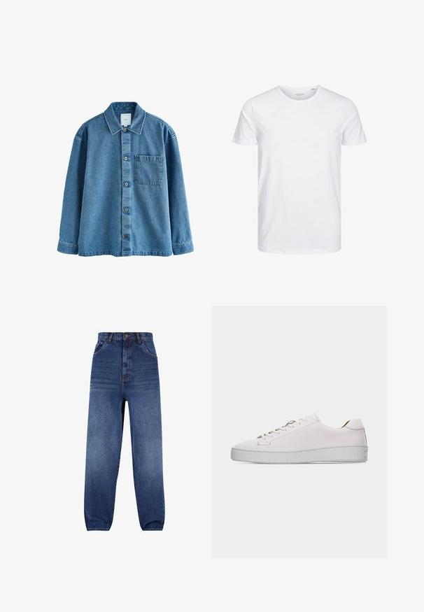Blaues Denim-Hemd mit klassischem Kragen, vorderer Knopfleiste, Tasche auf der linken Brust und langen Ärmeln mit knöpfbaren Manschetten.; Rundhals-T-Shirt mit kurzen Ärmeln in reinem Weiß, aus weicher Baumwolle, mit einem schlichten Design ohne sichtbare Muster oder Akzente.; Denim-Jeans in Dunkelblau. Hoch tailliertes Design mit lockerer Passform. Verfügt über Fronttaschen und einen dezenten Ausbleichungseffekt an den Beinen.; Weißer Sneaker aus Leder im Low-Top-Stil mit weißen Schnürsenkeln, flacher strukturierter Gummisohle und minimaler Naht, von der Außenseite auf weißem Hintergrund gezeigt.