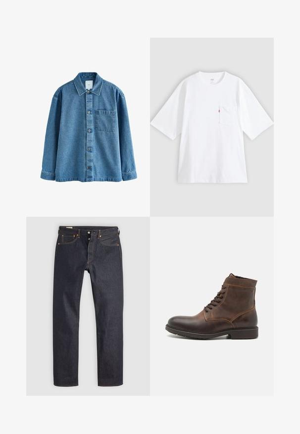 Blaues Denim-Hemd mit klassischem Kragen, vorderer Knopfleiste, Tasche auf der linken Brust und langen Ärmeln mit knöpfbaren Manschetten.; Weißes Baumwoll-T-Shirt mit kurzen Ärmeln, rundem Ausschnitt und Brusttasche auf der linken Seite. Mit kleinem rotem Logotag an der Tasche.; Dunkelblaue Jeans aus Denim mit geradem Bein, versehen mit orangefarbener Naht und klassischem Five-Pocket-Design. Verschluss mit Knopf und Reißverschluss.; Jack & Jones JFWDELANEY BOOT - Schnürstiefelette - cognac
