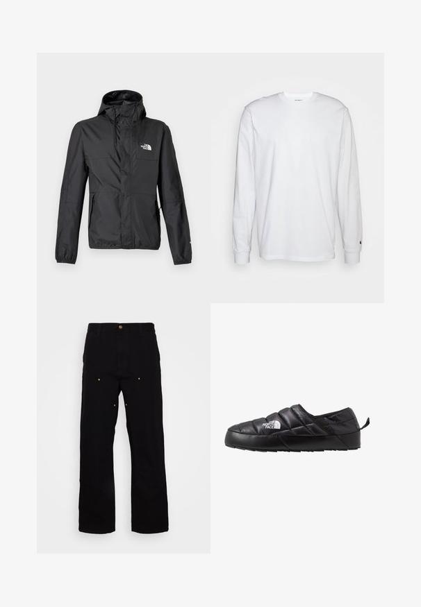 Zwarte waterdichte jas met capuchon, voorste drukknoopsluiting en ritszakken, met het The North Face-logo op de borst en mouw.; Witte lange mouwen T-shirt van katoen. Ronde hals ontwerp met ribgebreide manchetten en een klein logo op de linkermouw. Gladde textuur.; Zwarte denim broek met een recht-pijp ontwerp, voorzien van gouden hardware accenten en zichtbare stiksels op de voor- en achterzakken.; Zwarte instapschoen met een gequilt ontwerp, gemaakt van gevoerd materiaal. Heeft een gestructureerde rubberen zool en een klein trekkoord aan de achterkant.