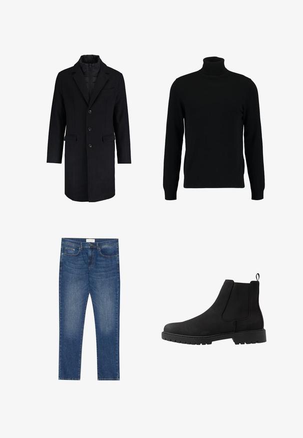 Schwarzer Mantel mit Reverskragen, Knopfleiste, zwei Fronttaschen und einer gesteppten Innenausstattung. Das Design ist maßgeschneidert mit einer geraden Silhouette.; Schwarzer Rollkragenpullover aus weichem Strickmaterial. Mit langen Ärmeln, geripptem Kragen und Saum. Schlichtes, elegantes Design ohne Muster.; Herren Jeans aus blauem Denim mit geradem Schnitt, fünf Taschen, leichtem Verwaschungsdetail sowie einem standardmäßigen Knopf- und Reißverschluss.; Pier One UNISEX - Stiefelette - black