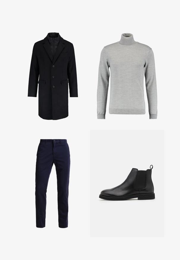 Abrigo negro con cuello de solapa con muesca, cierre con botones, dos bolsillos delanteros y un forro interior acolchado. El diseño está confeccionado con una silueta recta.; Suéter de cuello alto gris claro hecho de una tela suave, con mangas largas, puños y cuello acanalados, con una textura lisa y un corte clásico.; Chinos azul marino hechos de una mezcla de algodón, con un diseño de pierna recta, bolsillos frontales, cierre de cremallera y una cinturilla con un solo botón.; Botas Chelsea de cuero negro con paneles laterales elásticos y una lengüeta. Punta redonda y suela de goma plana, con un acabado suave.