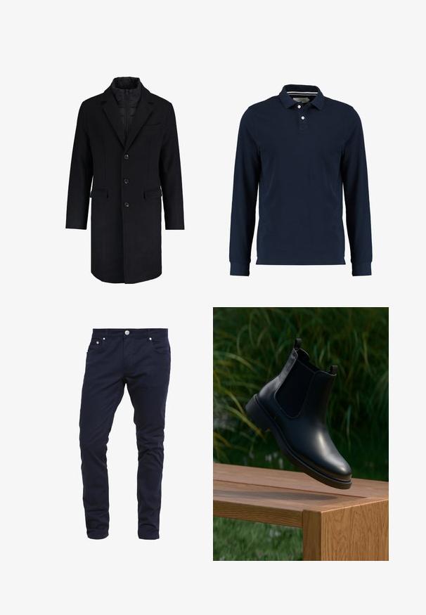 Sort frakke med notch-krave, knaplukning foran, to forlommer og vatteret inderfor. Designet er skræddersyet med en lige silhuet.; Marineblå langærmet polo skjorte lavet af bomuld, med klassisk krave, to-knaps lukning og en glat tekstur.; Marineblå slim-fit bukser lavet af bomuldsblandingsstof, med knaplukning, fem lommer og diskrete syninger.; Sort læder ankelstøvle med elastiske sidepaneler, der svæver over en træbænk, med grønne planter i baggrunden.
