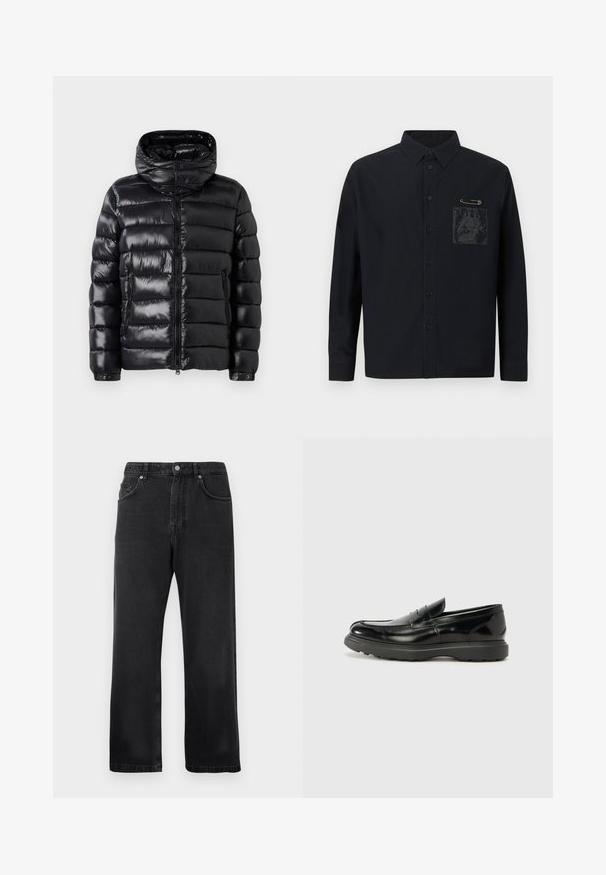 Schwarze, glänzende Daunenjacke mit horizontaler Steppung, Frontreißverschluss, seitlichen Reißverschlusstaschen, verstellbaren Bündchen und hohem Kragen mit Druckknöpfen.; Schwarzes Hemd mit langen Ärmeln, Knopfleiste vorne, mit Brusttasche und grafischem Aufdruck. Enthält einen Sicherheitsnadel-Akzent nahe der Tasche.; Schwarze gerade geschnittene Jeans mit Vordertaschen, Gürtelschlaufen und einem Knopfverschluss auf weißem Hintergrund.; Schwarze Lederloafer mit glanzendem Finish, abgerundetem Zehenbereich, subtilen Steppnähten und einer dicken Gummisohle für Langlebigkeit.