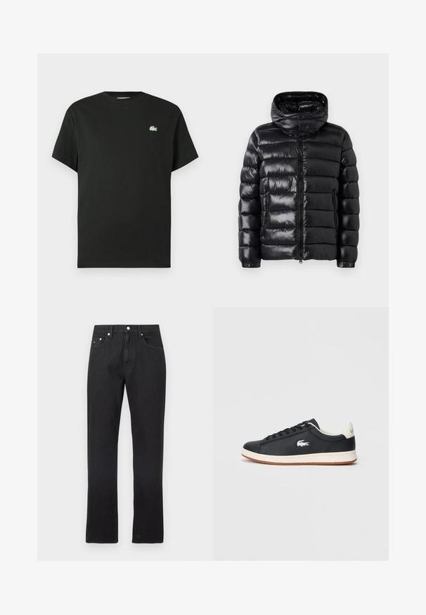 Chaqueta de plumas negra brillante con acolchado horizontal, cremallera frontal, bolsillos laterales con cremallera, puños ajustables y un cuello alto con botones a presión.; Camiseta de algodón negra con cuello redondo, mangas cortas y un logo bordado verde en el lado izquierdo del pecho. Textura suave, corte holgado.; Jeans de mezclilla negros con diseño de pierna recta, que cuentan con cinco bolsillos, trabillas para cinturón y cierre frontal con botón. Textura suave, con un desvanecimiento mínimo.; Zapatilla negra de cuero con acentos blancos y diseño de cordones. Presenta un logo en el costado y una suela de goma con una entresuela de color claro contrastante.
