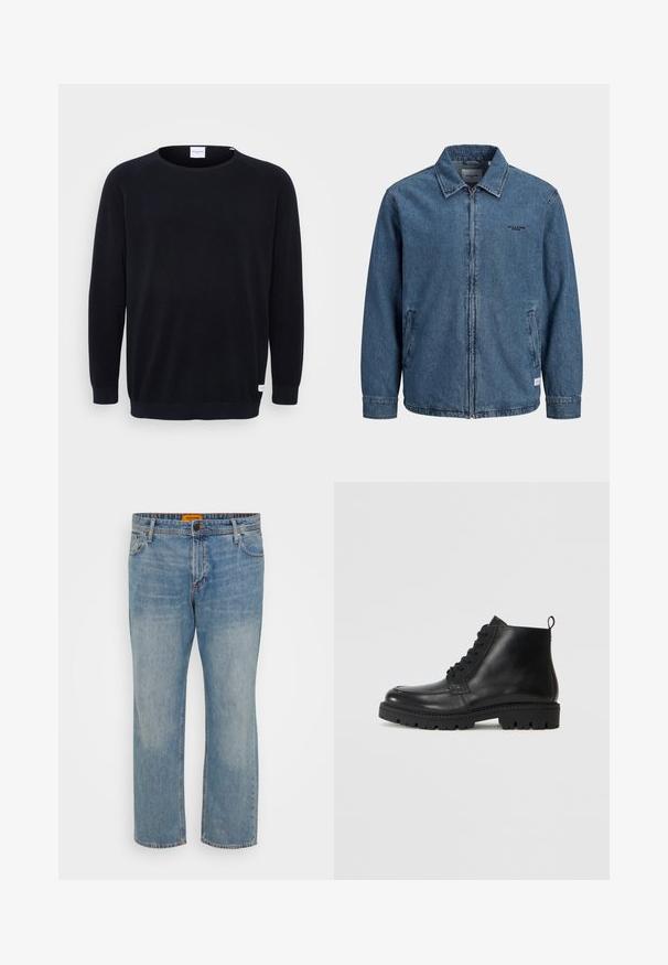 Spijkerblauwe jas met rits en kraag, lange mouwen, twee voorzakken en klein zwart "Jack & Jones" logo op de linkerborst.; Zwart gebreid sweater met een ronde halslijn en lange raglanmouwen. Heeft ribgebreide boorden en zoom, textuurstof en een klein label aan de zoom.; Lichtblauwe denim jeans met een rechte pasvorm, voorzien van vijf zakken, een knoopsluiting en een oranje merklabel op de tailleband.; Zwarte leren enkellaarzen met een ronde neus, vetersluiting aan de voorkant en een gestructureerde rubberen zool. Voorzien van een trekband op de hak voor eenvoudig aan- en uittrekken.