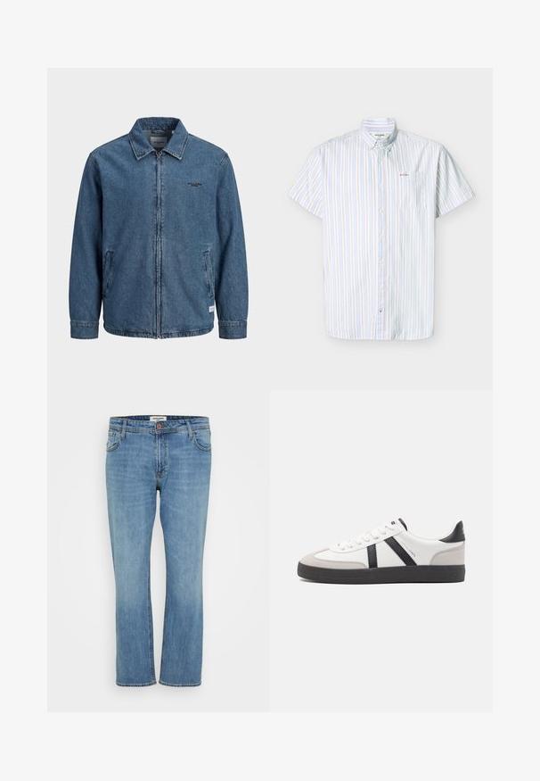 Blå denim lynlåstrøje med krave, lange ærmer, to forlommer og lille sort "Jack & Jones" logo på venstre bryst.; Kortærmet skjorte med knapper, med lodrette blå, beige og hvide striber og en brystlomme broderet med lille tekst.; Blå straight-leg denim jeans med knap- og lynlås, for- og baglommer samt synlig syning på hvid baggrund.; Hvide sneakers med sorte og grå detaljer, med en tekstureret grå tåhætte, sort gummisål og flade hvide snørebånd. Rent design, minimalistisk stil.