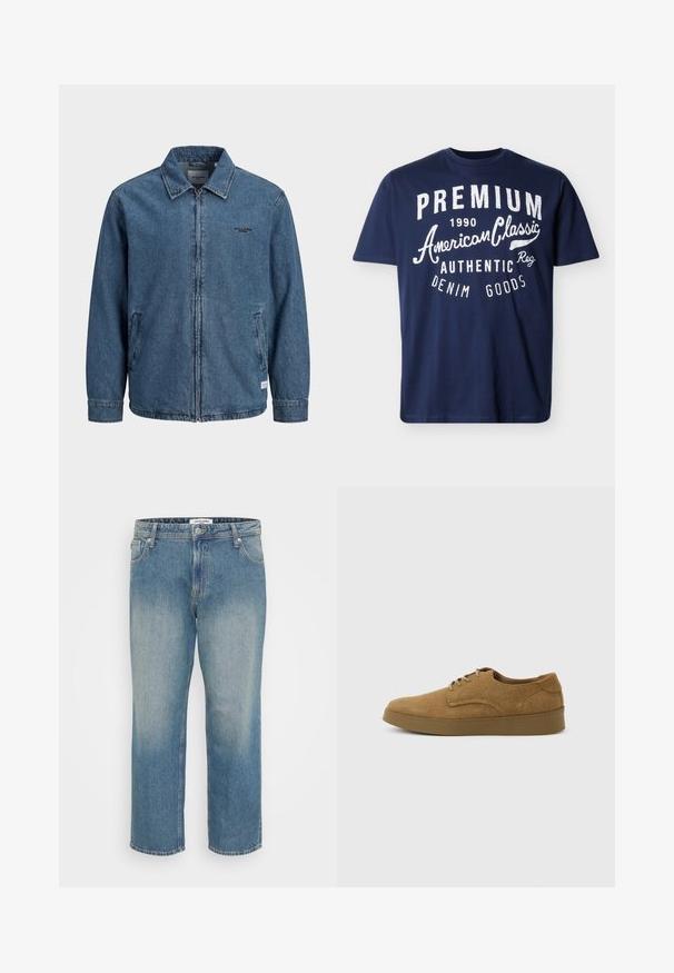 Blå denim lynlåstrøje med krave, lange ærmer, to forlommer og lille sort "Jack & Jones" logo på venstre bryst.; Mørkeblå T-shirt med korte ærmer og hvid tekst: "PREMIUM 1990 American Classic Authentic Denim Goods" på forsiden.; Blå straight-leg jeans i denim med falmet front, fem-lomme design, knap- og lynlås lukning samt bæltestropper.; Brun ruskindslærredsko med snørebånd og flad gummisål, set fra siden på en ensfarvet lys baggrund.