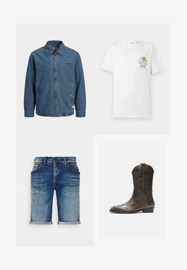Chaqueta azul de mezclilla con cremallera, cuello, mangas largas, dos bolsillos frontales y pequeño logo negro "Jack & Jones" en el pecho izquierdo.; Camiseta de algodón blanca con mangas cortas, que presenta un gráfico de un personaje de dibujos animados en gris y acentos coloridos en el lado izquierdo del pecho.; Shorts de mezclilla en azul medio con un acabado ligeramente desgastado. Presentan dobladillos doblados, diseño de cinco bolsillos y cierre de botón de metal.; Bota de cowboy de cuero marrón con un caña alta, puntera puntiaguda, patrones de costura intrincados y un tacón pequeño. Acabado texturizado en toda la bota.