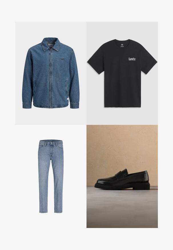 Tumesinine teksariidest lukuga jakk kraega, pikkade varrukatega, kahe eesmise taskuga ning vasakul rinnal väike must "Jack & Jones" logo.; Must lühikeste varrukatega ümara kaelusega T-särk, millel vasakul rinnal väike valge Levi'si logo, tasapinnal helehallil taustal.; Heledad sinine teksapüksid sirge jalaga lõikega, viie tasku kujundusega, õmmeldudõmblustega ja nööbiga kinnitamisega vööl.; Mustast nahast loafer hõljub beežikat tekstuuriga vaiba kohal, taustal on ümara puidust kohvilaud ja raamatud.