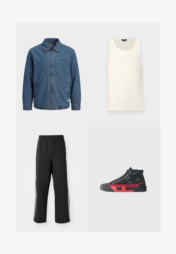 Denimiin sininen vetoketjullinen takki, jossa on kaulus, pitkät hihat, kaksi etutaskua ja pieni musta "Jack & Jones" -logopainatus vasemmassa rinnassa.; Valkoinen puuvillainen toppi, jossa on kapeat poimut, pyöreä pääntie ja hihaton malli. Pohjassa vasemmalla pieni logotarra.; Mustat hupparit, joissa on joustava vyötärö, valkoisilla sivuraidoilla ja rento istuvuus. Valmistettu pehmeästä, venyvästä kankaasta.; Mustat korkeat tennarit punaisilla yksityiskohdilla ja kuluneella pinnalla. Sisältää tekstuuripinnoitteen kankaisen yläosan ja kumisen pohjan, jossa on aukotettu muotoilu.