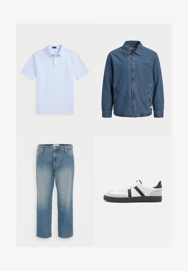 Jeansblaue Reißverschlussjacke mit Kragen, langen Ärmeln, zwei Fronttaschen und kleinem schwarzem "Jack & Jones"-Logo auf der linken Brust.; Hellblaues Baumwoll-Polohemd mit kurzen Ärmeln, klassischem Kragen, weißen Akzenten und einem kleinen Logo auf der linken Brust.; Geradlinige blaue Jeans aus Denim mit verblasster Vorderseite, Fünf-Taschen-Design, Knopf- und Reißverschluss sowie Gürtelschlaufen.; Weiße Sneaker mit schwarz- und grau-aczenten, ausgestattet mit einer strukturierten grauen Zehenkappe, schwarzer Gummi-Sohle und flachen weißen Schnürsenkeln. Sauberes Design, minimalistische Stil.