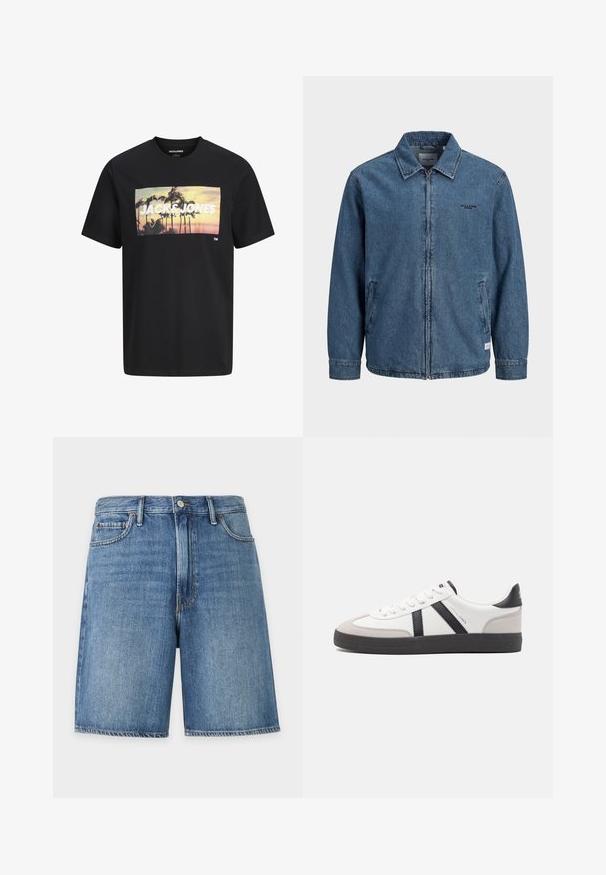 Μπουφάν μπλε τζιν με φερμουάρ, γιακά, μακριά μανίκια, δύο μπροστινές τσέπες και μικρό μαύρο λογότυπο "Jack & Jones" στο αριστερό στήθος.; Μαύρο μπλουζάκι με γραφικό ηλιοβασιλέματος και φοίνικα, μεγάλο λευκό κείμενο "JACK & JONES" τυπωμένο στο στήθος.; Μπλε σορτς από τζιν με κουμπί μπροστά, θηλιές για ζώνη και μπροστινές τσέπες, εμφανιζόμενα σε λευκό φόντο.; Λευκό αθλητικό παπούτσι με μαύρες και γκρί λεπτομέρειες, featuring ένα υφή γκρί καλύμμα δαχτύλου, μαύρη καουτσούκ σόλα και επίπεδες λευκές κορδόνες. Καθαρός σχεδιασμός, μινιμαλιστικό στυλ.