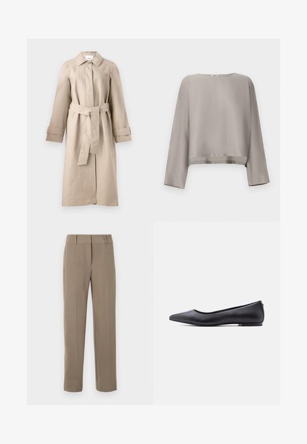 Manteau beige avec col, fermeture à boutons, taille ceinturée et manches longues avec détails aux poignets. Tissu lisse avec une texture minimale.; Haut gris clair à manches longues raccourcies en tissu lisse. Dispose d'un col rond et d'un détail discret à l'ourlet.; Pantalon kaki droit avec passants de ceinture et fermeture éclair frontale sur fond blanc.; Chaussure plate en cuir noire à bout pointu avec petit talon, vue de profil sur fond blanc.