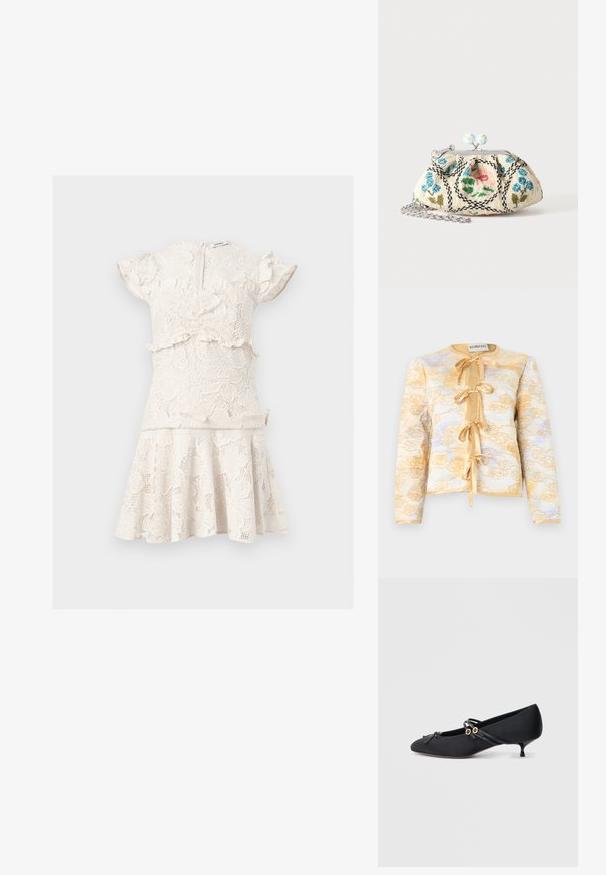 Veste matelassée à manches longues avec broderie florale jaune, quatre liens en ruban de satin sur le devant et encolure ronde.; Robe blanche en dentelle à manches courtes avec motifs floraux, détails à volants sur les manches et la taille, et jupe évasée.; Chaussures en satin noir à talons bas avec un bout pointu, ornées d'un nœud décoratif et de fines brides en cuir avec des accents dorés.; Petit porte-monnaie en tissu à fermoir avec broderie florale en perles, cadre métallique et bandoulière chaîne argentée sur un fond uni clair.