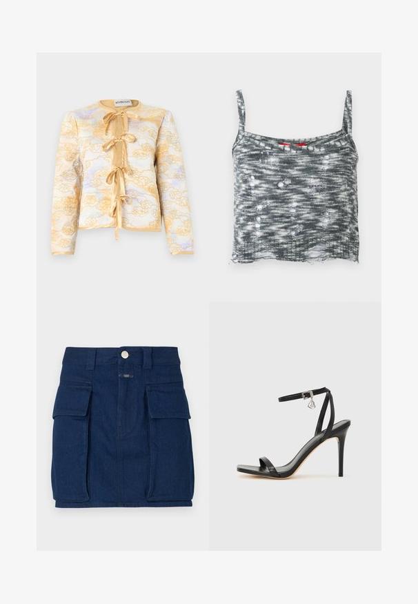 Vatteret jakke med lange ærmer, gul blomsterbroderi, fire satinbåndsbindebånd foran og rund halsudskæring.; Grå strikket cropped tanktop med tynde stropper, der har et distressed design med flere huller og en løs kant. Rød detalje ved halsudskæringen.; Mørkeblå denimnederdel med to store forlommer, en metalknaplukning og lige snit. Let tekstureret stof.; Sort hæl-sandal med smal ankrem, firkantet tå-boks, glat lædermateriale og metalspænde som pynt.