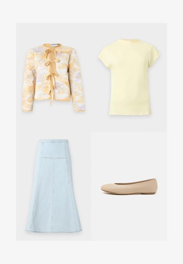 Vatteret jakke med lange ærmer, gul blomsterbroderi, fire satinbåndsbindebånd foran og rund halsudskæring.; Lysegul, kortærmet t-shirt med rund halsudskæring, vist på en neutral lys grå baggrund.; Lyseblå denim A-line nederdel med høj talje, der har lodrette syninger og en bredere kant for ekstra bevægelse.; Beige læder balletflade med afrundet tå, minimal sømdetaljering, lav hæl og subtilt logo på bagsiden. Glat, mat tekstur.