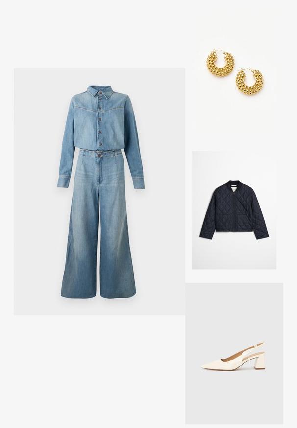 Marineblaue gesteppte Jacke mit Rautensteppung, Frontreißverschluss, geripptem Kragen und zwei Vordertaschen vor einfachem Hintergrund.; Denimhemd und weit geschnittene Hose in einer hellblauen Kombination. Verfügt über einen Kragen, eine Knopfleiste, lange Ärmel und eine taillierte Silhouette mit Gürtel.; Slingback-Pumps aus glänzendem cremefarbenem Lackleder, mit spitzer Schuhspitze und klobigem, quadratischem Absatz für Stabilität. Minimalistisches Design, ohne Verzierungen.; Paar goldene Creolen mit strukturierten, runden Perlen-Clustern und Klappverschlüssen auf weißem Hintergrund.