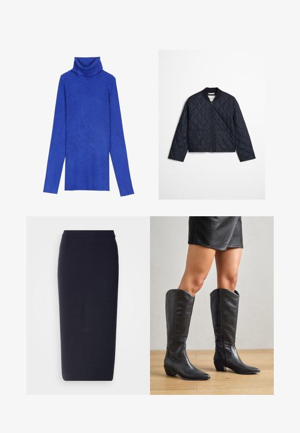 Marineblå quiltet jakke med diamant-syninger, frontlynlås, ribbet krave og to forlommer på en ensfarvet baggrund.; Kongeligt blåt ribstrikket turtleneck-sweater lavet af tekstureret stof med lange ærmer og en fold-over krave, der har en smal pasform.; Mørkeblå, knælang pencil skirt med en tætsiddende talje og en lige silhuet mod en hvid baggrund.; Sorte knæhøje støvler lavet af glat læder, med spidse tæer, lav blokhæle og lynlås i siden for nem påtagning.