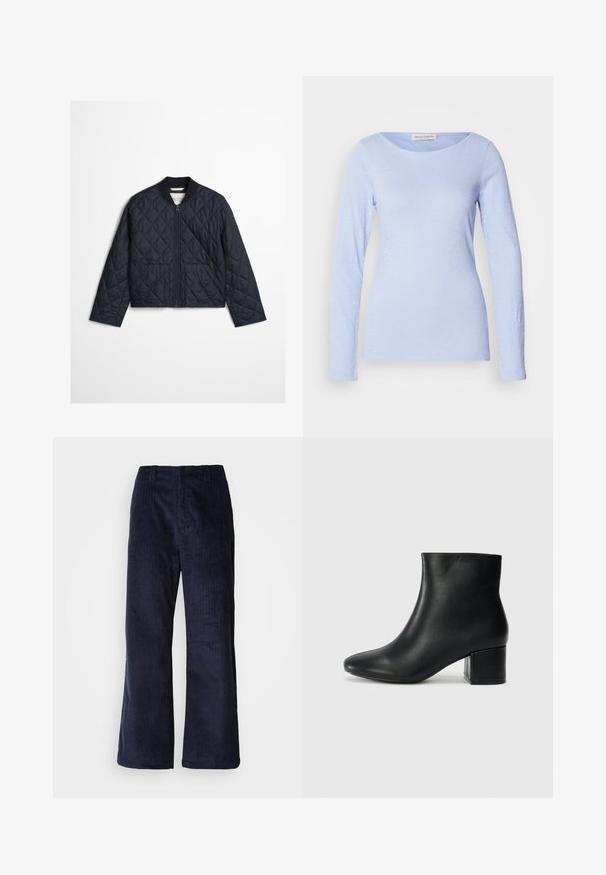 Marineblauw doorgestikt jack met diamantvormige steken, ritssluiting aan de voorkant, geribde kraag en twee zakken aan de voorkant op een effen achtergrond.; Lichtblauw langpoloshirt met een ronde hals, gemaakt van zachte, textuurrijke stof, met subtiele tonale variaties en een getailleerde pasvorm.; Marineblauwe corduroy wijde broek met verticale ribbels, elastische tailleband en zonder zichtbare hardware. Zachte textuur en relaxed fit.; Zwarte leren enkellaarzen met een spitse neus en een chunky hak. Gladde textuur met minimale accenten en een slank, strakk ontwerp.