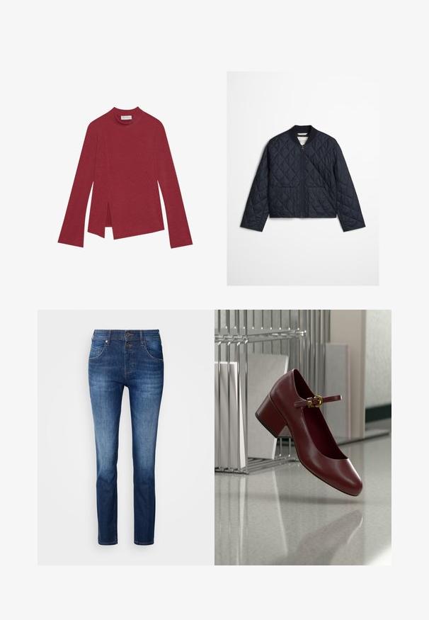 Veste matelassée bleu marine avec couture en losanges, fermeture éclair à l'avant, col côtelé et deux poches avant sur un fond uni.; Haut rouge à manches longues en maille côtelée avec un col haut. Présente un ourlet asymétrique avec des fentes latérales et une texture lisse. Étiquette visible à l'intérieur.; Jean en denim bleu foncé avec une coupe droite, dotée d'une fermeture éclair, de deux poches avant et d'un léger délavage. Texture douce avec un minimum de distorsion.; Chaussure Mary Jane en cuir rouge foncé avec talon carré et boucle dorée reposant sur une surface réfléchissante à côté d'un organiseur de fichiers en métal et blanc.