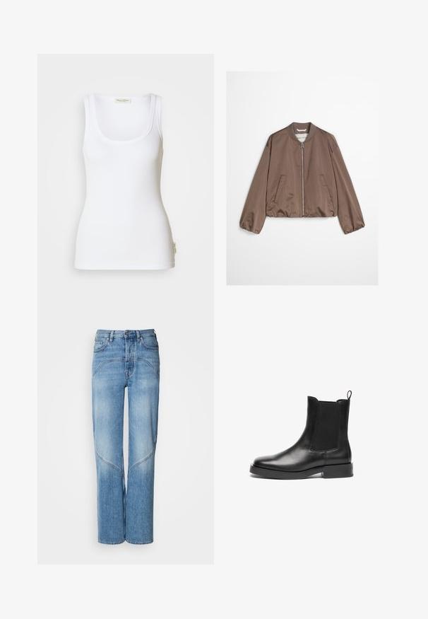 Veste bomber légère beige avec fermeture éclair frontale, col côtelé, poches latérales et poignets et ourlet élastiques.; Débardeur blanc côtelé avec un col rond dégagé et des bretelles larges. Présente une étiquette logo sur l'ourlet latéral. Confectionné en tissu doux et extensible.; Un jean en denim bleu clair avec une coupe décontractée, des jambes larges et des détails de couture incurvés. Le tissu a une texture lisse avec un léger délavage.; Bottes Chelsea en cuir noir avec des panneaux latéraux en élasthanne, bout rond, tirant et semelle en caoutchouc noir robuste. Texture lisse et design classique.