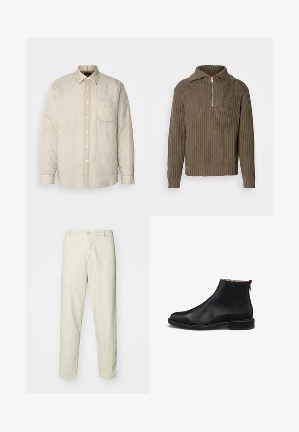 Chemise longue à manches beiges claires avec un devant boutonné, une poche poitrine unique et un tissu doux, légèrement texturé. Détails de col en contraste.; Pull en maille marron avec un zip moitié et un col large. Présente un tissu texturé et une coupe légèrement raccourcie. Design simpliste.; Pantalon en coton beige clair avec une coupe droite, dotés d'une fermeture à bouton à l'avant et de poches standard, texture lisse et sans motifs.; Bottine en cuir noir avec fermeture éclair latérale, tige lisse, petit talon carré et languette à l'arrière, vue de profil sur fond blanc.