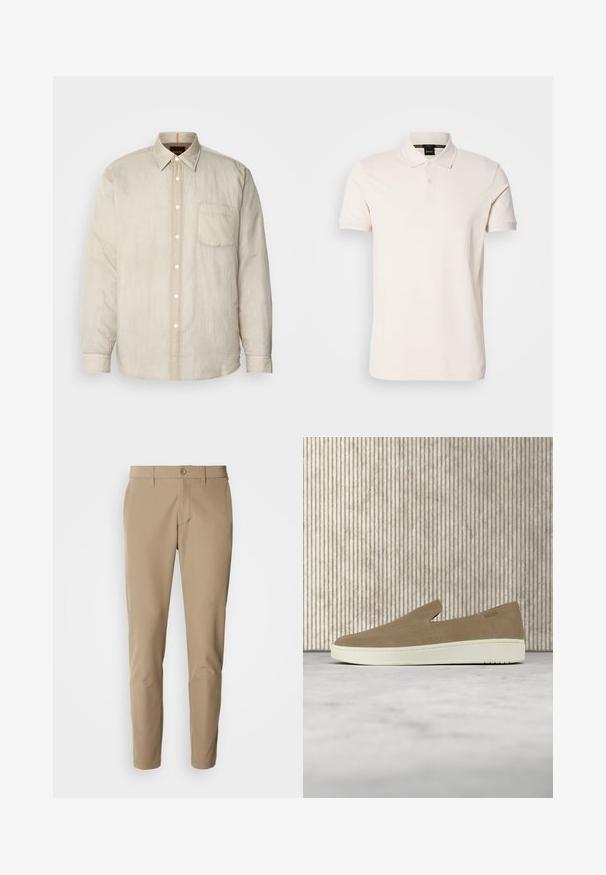 Chemise longue à manches beiges claires avec un devant boutonné, une poche poitrine unique et un tissu doux, légèrement texturé. Détails de col en contraste.; Polo en couleur crème, fabriqué en tissu lisse, avec un col classique, deux boutons et des détails de logo subtils sur la poitrine.; Pantalons beiges en tissu lisse avec une coupe droite, dotés d'une fermeture à bouton et de poches avant, accompagnés de passants de ceinture.; Chaussure beige sans lacets avec semelle blanche, présentée en suspension sur un tapis clair avec un mobilier transparent de couleur ambre en arrière-plan.
