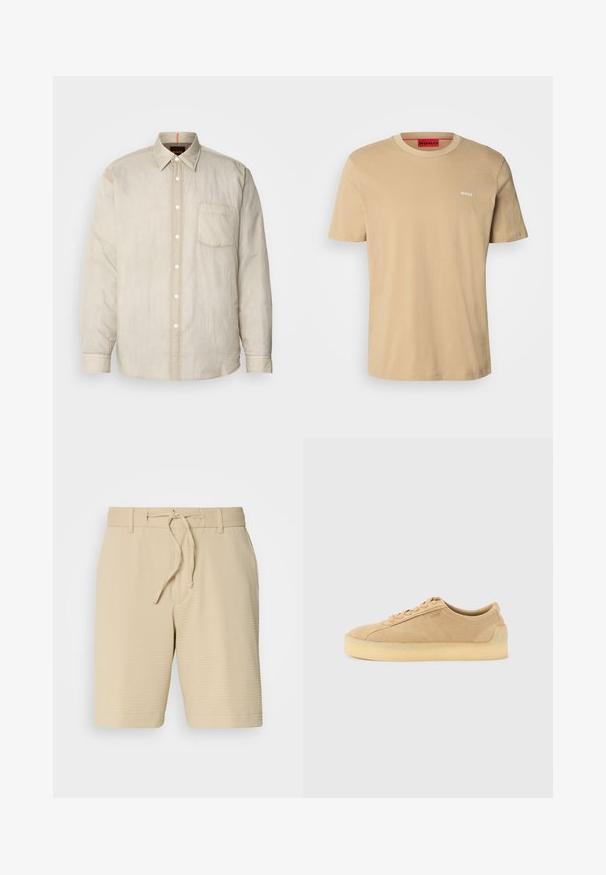 Hele beež pikkade varrukatega särk, millel on nööpidega esiosa, üks rinna tasku ja pehme, veidi tekstuuriga kangas. Kontrastset värvi krae detailid.; Beige puuvillane t-särk, millel on ümmargune kaelus, lühikesed varrukad ja väike valge "HUGO" logo rinnal. Sile tekstuur ilma mustriteta.; Beez shorts, mis on valmistatud tekstureeritud kangast. Need on varustatud elastse vöökoha ja nööriga ning funktsionaalsete küljetaskutega.; Beežist seemisnahast madalad tossud paksu kummipõhjaga, ees paeltega ja peene küljesildi kujundusega, neutraalsel heledal hallil taustal.