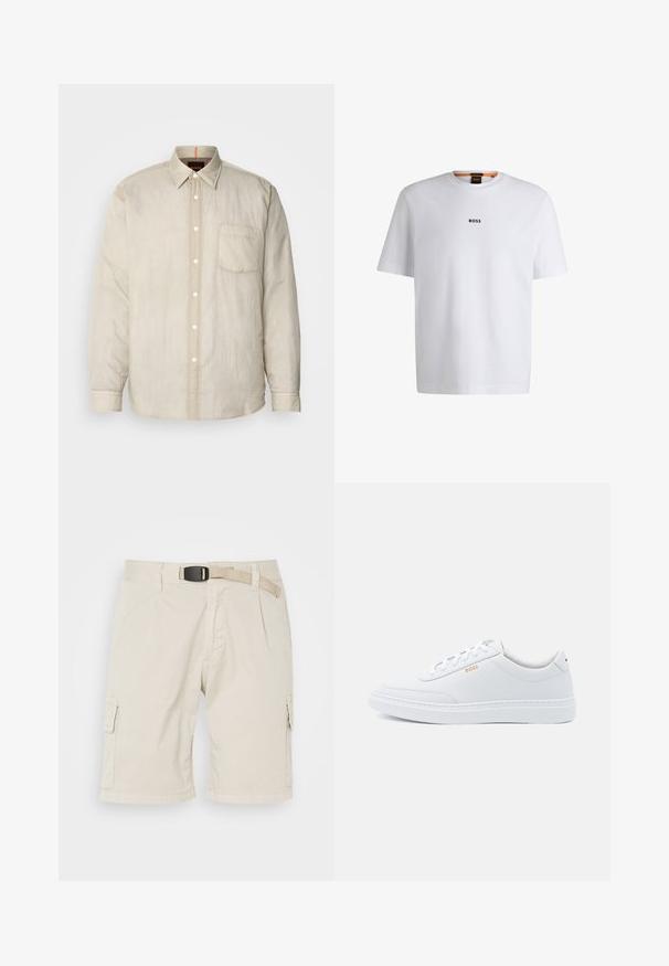 Chemise longue à manches beiges claires avec un devant boutonné, une poche poitrine unique et un tissu doux, légèrement texturé. Détails de col en contraste.; T-shirt en coton blanc à manches courtes, avec un logo noir "BOSS" centré sur la poitrine et un design à col rond.; Shorts cargo beiges avec une taille plate, des passants de ceinture, des plis, des poches latérales et un tissu texturé. La longueur atteint le milieu de la cuisse.; Baskets blanches en cuir avec une texture lisse, bout rond et coutures tonales. Possède des lacets bleus et un logo doré sur le côté.
