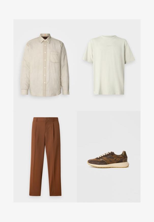 Lys beige langærmet skjorte med knaplukning foran, enkelt brystlomme og et blødt, let tekstureret stof. Kontrastfarver i kraveskiltet.; Lysebeige T-shirt lavet af bomuld med rund halsudskæring og korte ærmer. Ordet "BOSS" er broderet i en diskret, ton-i-ton farve.; Brune bukser med en glat, mat tekstur, der har en folder foran og lige ben. Lavet af letvægts, åndbart stof.; Brune ruskindsneakers med logo-mønster, cremefarvede snørebånd og brune detaljer. Har en polstret sål og teksturerede overlays.