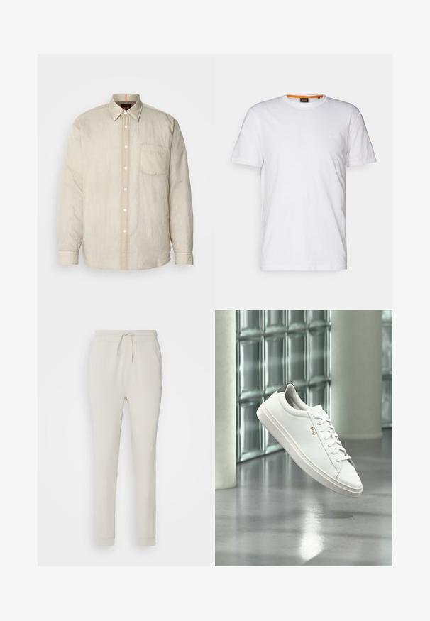 Camisa beis claro de manga larga con botones en el frente, un bolsillo en el pecho y una tela suave y ligeramente texturizada. Detalles del cuello en contraste.; Camiseta de algodón blanca con cuello redondo, mangas cortas y un sutil logo en relieve en el pecho. La etiqueta interior tiene un acento naranja.; Pantalones deportivos de color beige claro, hechos de una suave tela texturizada. Cuentan con una cinturilla con cordón, puños acanalados y bolsillos laterales. Ajuste entallado.; Zapatilla deportiva de piel blanca de corte bajo con cordones, lengüeta negra en el talón y logo "BOSS", flotando en interiores cerca de una pared de bloques de vidrio y suelo pulido.