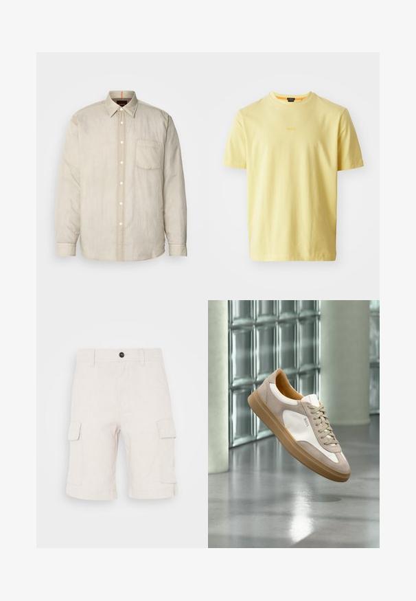Camisa beis claro de manga larga con botones en el frente, un bolsillo en el pecho y una tela suave y ligeramente texturizada. Detalles del cuello en contraste.; Camiseta de algodón color amarillo claro con cuello redondo y mangas cortas. Presenta un sutil logo "BOSS" en el centro. Textura suave, corte casual.; Pantalones cortos cargo beige hechos de tela ligera, con dos bolsillos laterales y un dobladillo doblado. Cierre de botón en la cintura.; Zapatilla beige y blanca con suela marrón claro y logo "BOSS", suspendida sobre un suelo liso y reflectante con pared de bloques de vidrio al fondo.