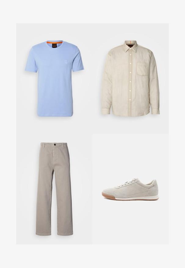 Lys beige langærmet skjorte med knaplukning foran, enkelt brystlomme og et blødt, let tekstureret stof. Kontrastfarver i kraveskiltet.; Lys blå bomulds T-shirt med korte ærmer, rund halsudskæring og et lille præget logo-patch på brystet. Kontrastfarvet orange inderside af kraven.; Beige vide bukser lavet af blødt bomuld, med en knaplukning og bæltestropper. Glat tekstur med et rent, minimalistisk design.; Lyse beige ruskindssneaker med hvide snørebånd, gummisål og subtile syningsdetaljer, vist fra venstre side på en hvid baggrund.