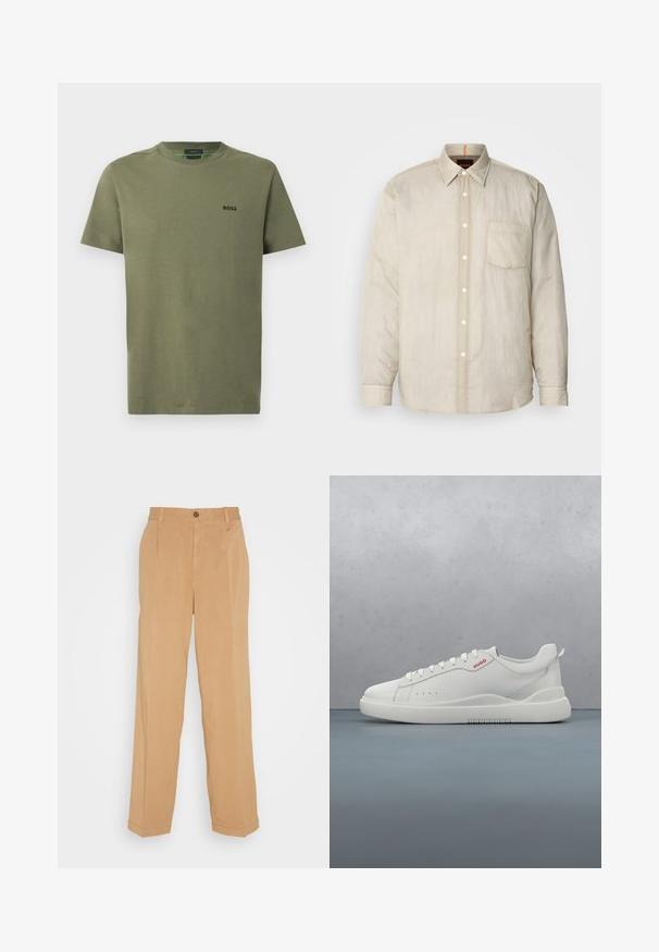 Chemise longue à manches beiges claires avec un devant boutonné, une poche poitrine unique et un tissu doux, légèrement texturé. Détails de col en contraste.; T-shirt en coton vert olive à manches courtes, col rond, avec un petit logo noir "BOSS" sur la poitrine gauche. Texture lisse, design simple.; Pantalons larges beiges en tissu doux, dotés de deux poches avant, d'une fermeture à bouton et de plis le long des jambes.; Sneaker blanche avec une finition en cuir lisse, bout rond, quatre œillets, perforations subtiles et un détail de logo rouge sur le côté.