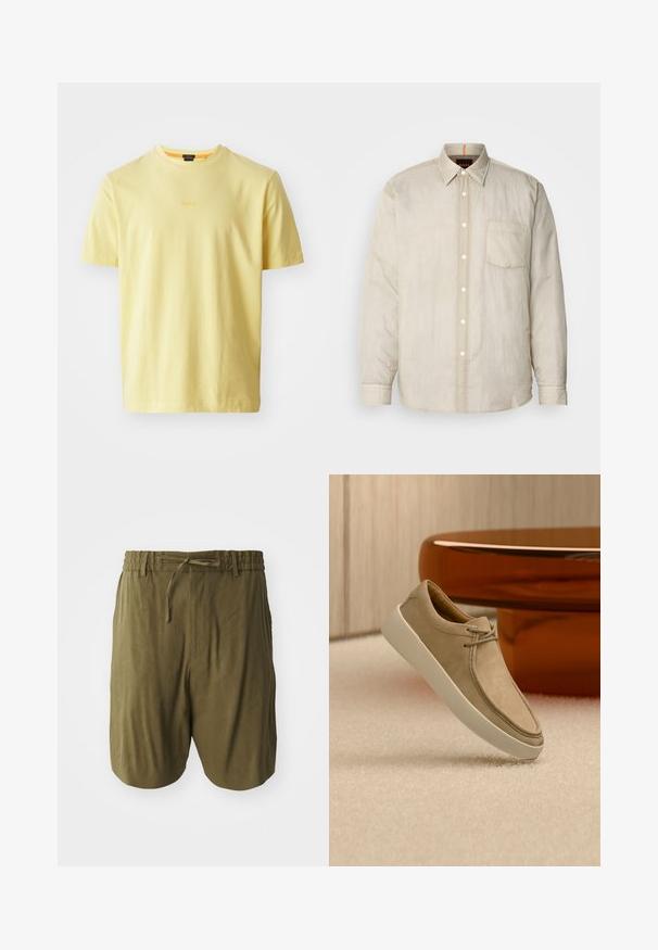 Chemise longue à manches beiges claires avec un devant boutonné, une poche poitrine unique et un tissu doux, légèrement texturé. Détails de col en contraste.; T-shirt en coton jaune clair avec un col rond et des manches courtes. Présente un logo "BOSS" discret au centre. Texture douce, coupe décontractée.; Shorts vert olive en tissu léger, dotés d'une taille élastique avec cordon de serrage, et poches latérales pour un confort supplémentaire.; Baskets en daim beige avec semelle épaisse blanche et lacets, positionnées sur un tapis beige texturé avec une table ronde brune brillante en arrière-plan.