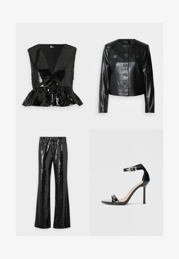 Sort læder cropped jakke med rund halsudskæring, fem knapper foran og to små klaplommer. Glat tekstur med en blank finish.; Sort pailletetop med dyb V-udskæring, ærmeløs design og peplum-omstilling. Har en glat indvendig foring og en skinnende, reflekterende tekstur.; Sorte palietterbukser med en flagrende design, der har en strækbar talje og en skinnende tekstur, der reflekterer lys. Lodret palietmønster.; Sort højhælet sandal i laklæder med ankelrem. Har minimalistisk design, åben tå og spænde med rhinsten-detaljer.