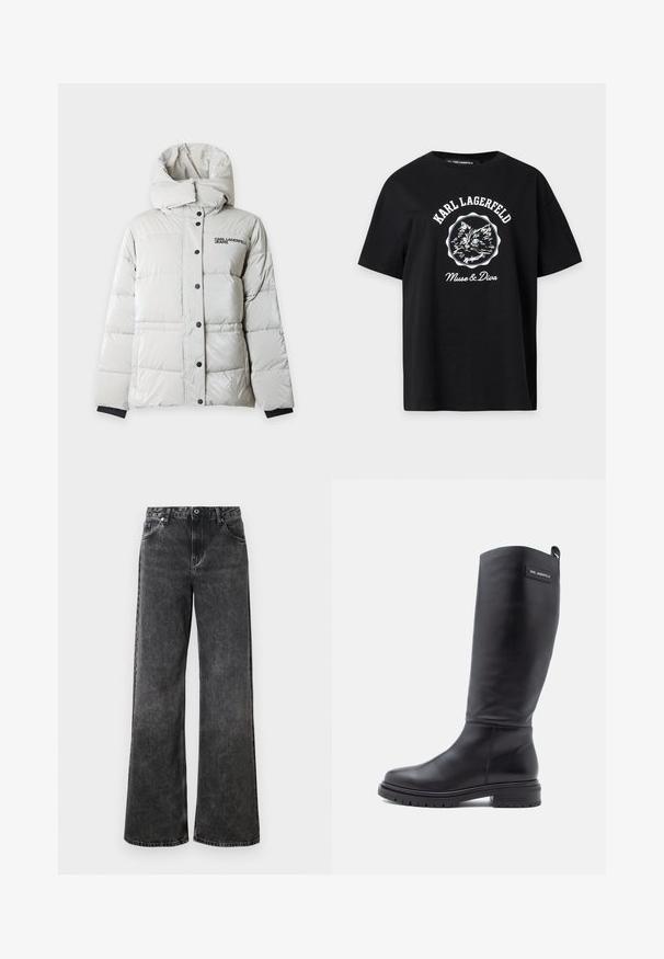 Biela prešívaná zimná bunda s vysokým golierom, čiernymi patentmi, čiernymi vnútornými manžetami a logom "KARL LAGERFELD JEANS" na hrudi.; Čierne tričko s bielou grafikou tváre mačky, "KARL LAGERFELD" nad a "Muse & Diva" pod obrázkom mačky.; Široké čierne deninové džínsy s vyblednutou textúrou, piatimi vreckami a zapínaním na gombík. Obsahujú kontrastné švy a klasický pás.; Vysoká čierna kožená čižma s nízkym blokovým podpätkom, robustnou podrážkou a malým obdĺžnikovým označením blízko vrchu, na ktorom je zobrazené meno značky.