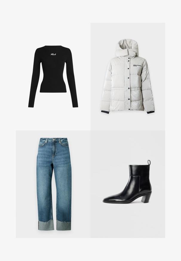 Chaqueta de invierno acolchada blanca con cuello alto, botones a presión negros, puños interiores negros y logotipo "KARL LAGERFELD JEANS" en el pecho.; Top negro de manga larga con canalé y cuello redondo. Presenta un logo bordado en blanco en el centro frontal. Silueta ajustada.; Vaqueros de mezclilla azul claro con un ajuste suelto y recto. Presentan un dobladillo desgastado y un detalle de puño en contraste. Diseño de cinco bolsillos con cierre de botón.; Botín de piel negra hasta el tobillo con punta afilada, tacón apilado geométrico y una lengüeta en la parte posterior. Textura suave y diseño elegante.